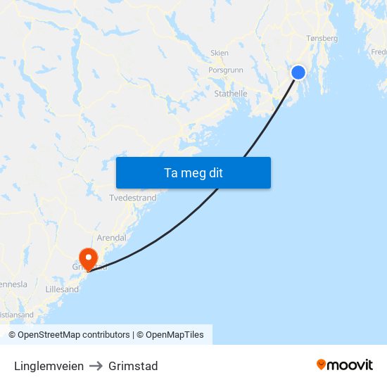Linglemveien to Grimstad map