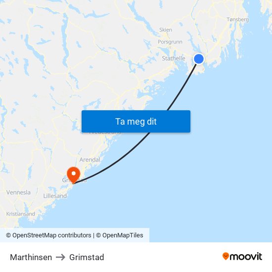Marthinsen to Grimstad map
