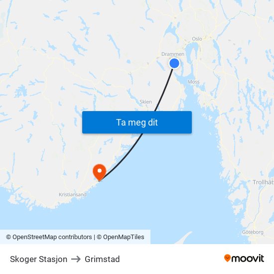 Skoger Stasjon to Grimstad map