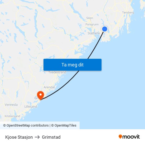 Kjose Stasjon to Grimstad map