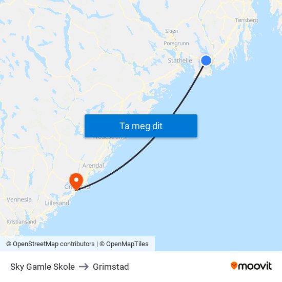 Sky Gamle Skole to Grimstad map