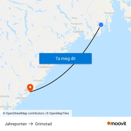 Jahreporten to Grimstad map