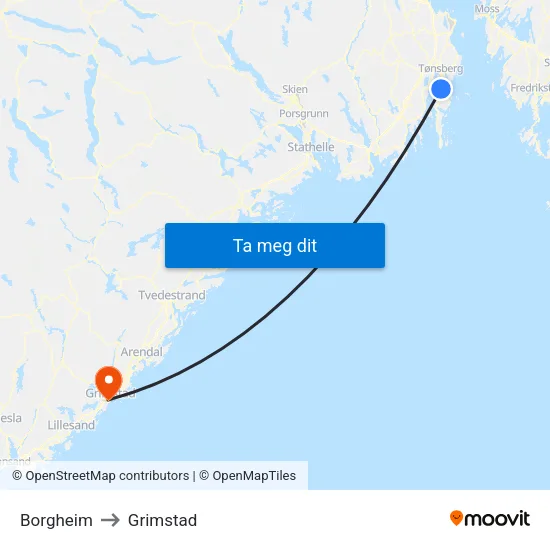 Borgheim to Grimstad map