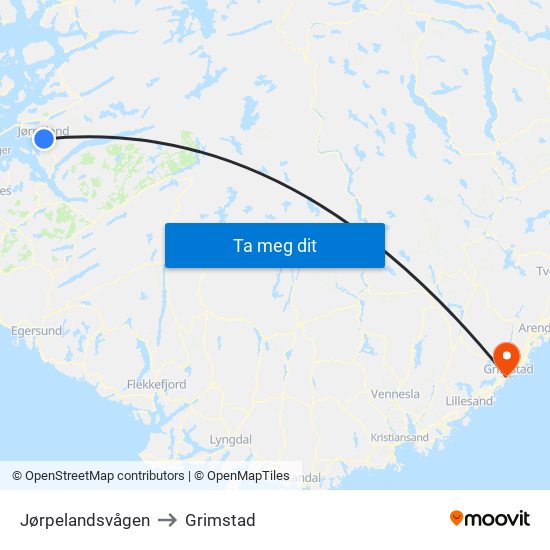 Jørpelandsvågen to Grimstad map