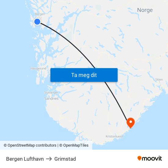Bergen Lufthavn to Grimstad map