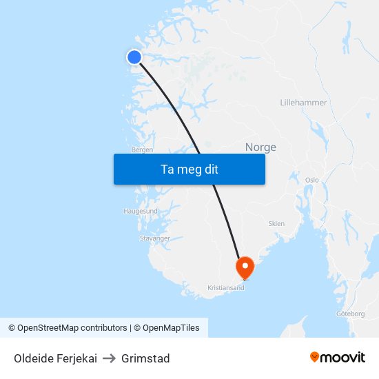 Oldeide Ferjekai to Grimstad map