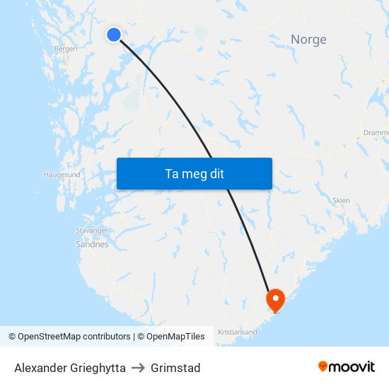 Alexander Grieghytta to Grimstad map