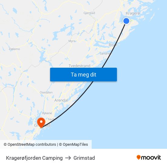 Kragerøfjorden Camping to Grimstad map