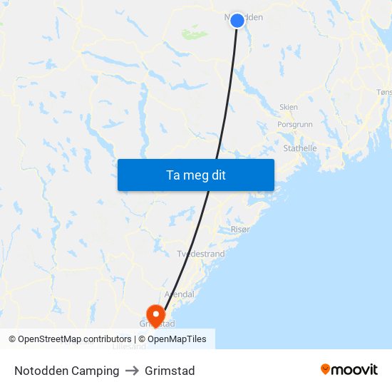Notodden Camping to Grimstad map