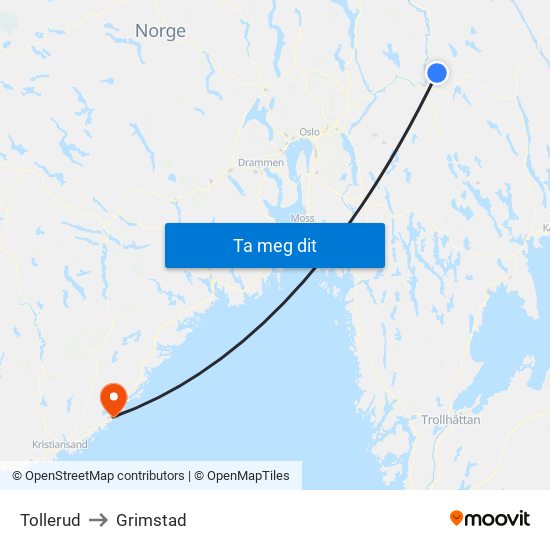 Tollerud to Grimstad map
