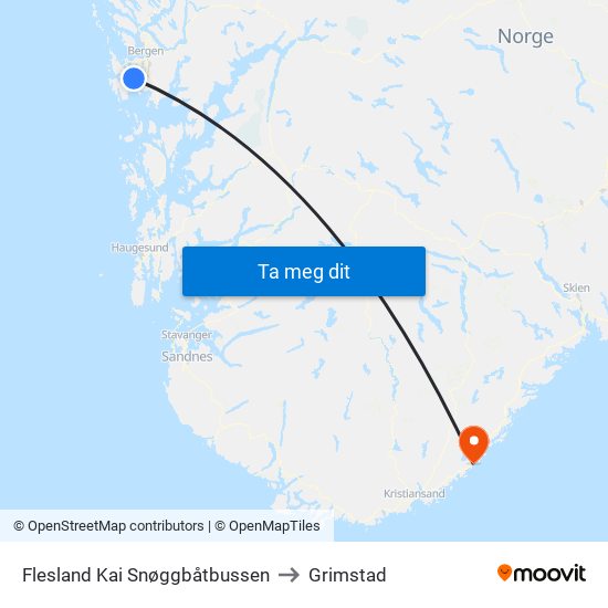 Flesland Kai Snøggbåtbussen to Grimstad map
