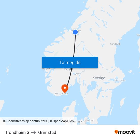 Trondheim S to Grimstad map