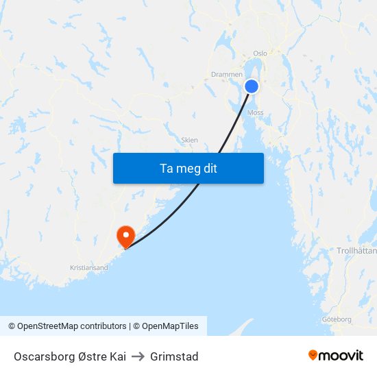 Oscarsborg Østre Kai to Grimstad map
