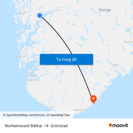 Norheimsund Båtkai to Grimstad map