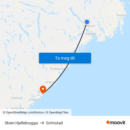 Skien Hjellebrygga to Grimstad map