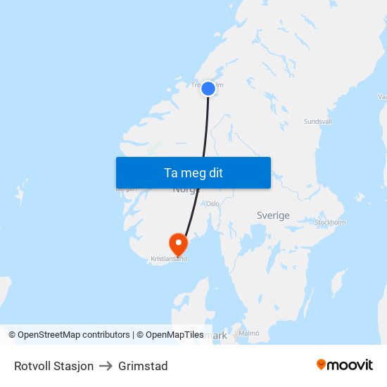 Rotvoll Stasjon to Grimstad map