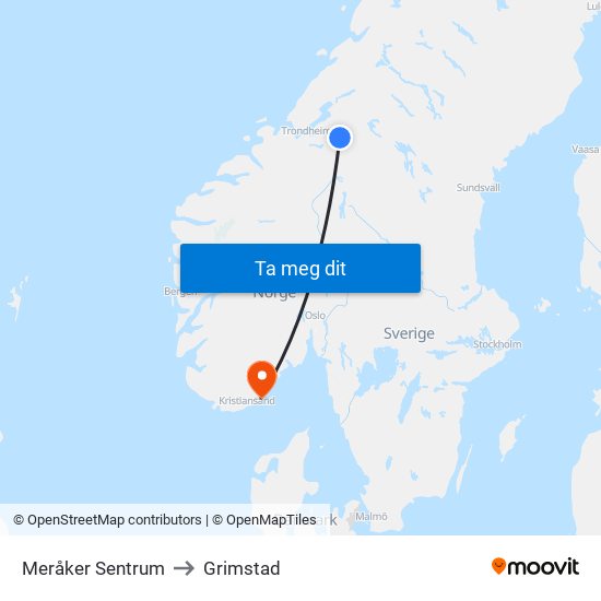 Meråker Sentrum to Grimstad map