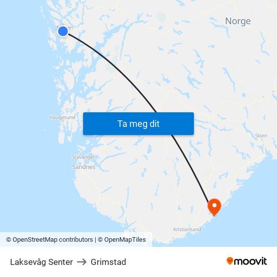 Laksevåg Senter to Grimstad map