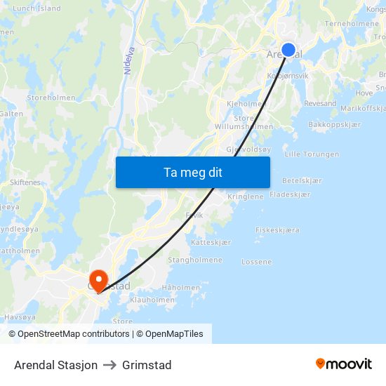 Arendal Stasjon to Grimstad map