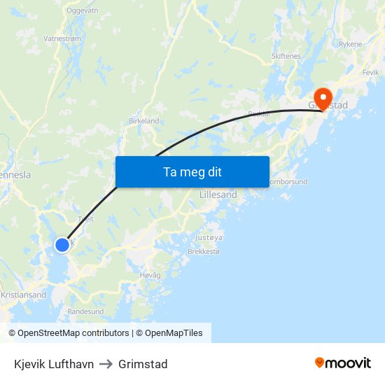 Kjevik Lufthavn to Grimstad map