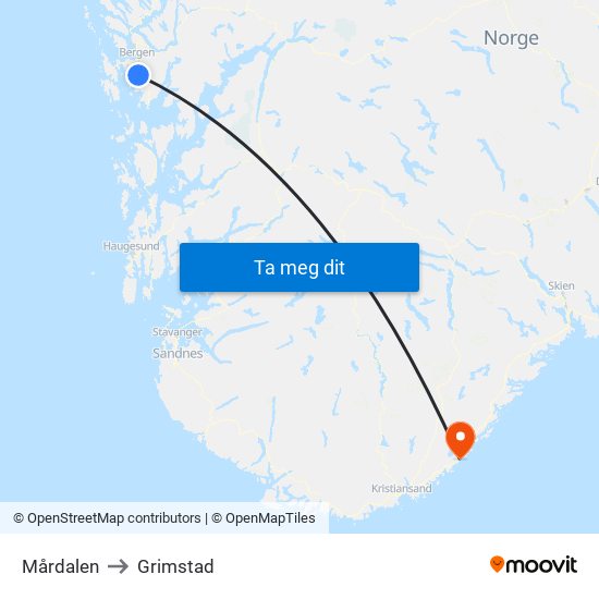 Mårdalen to Grimstad map