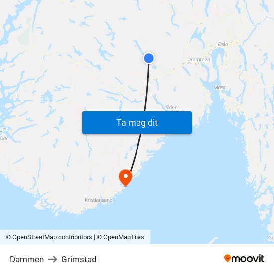 Dammen to Grimstad map