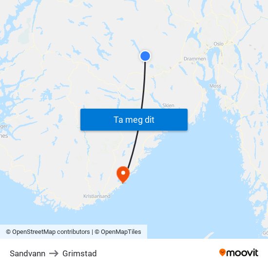 Sandvann to Grimstad map