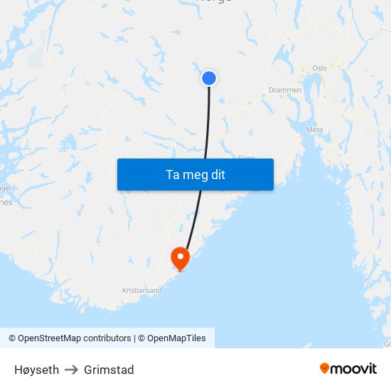 Høyseth to Grimstad map