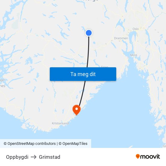 Oppbygdi to Grimstad map
