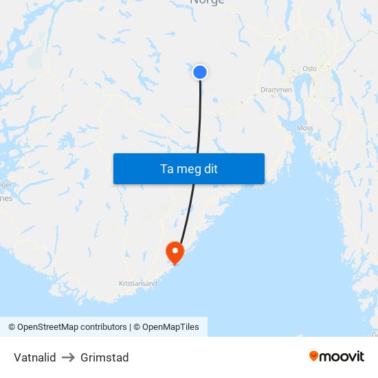 Vatnalid to Grimstad map