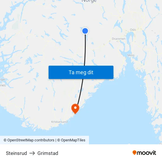 Steinsrud to Grimstad map