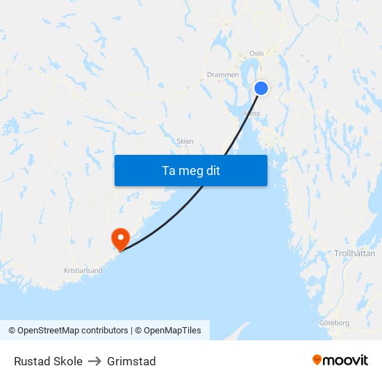 Rustad Skole to Grimstad map