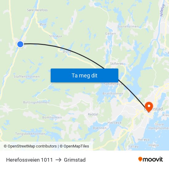 Herefossveien 1011 to Grimstad map