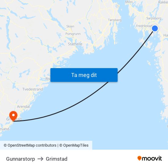 Gunnarstorp to Grimstad map
