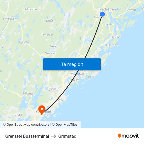 Grenstøl Bussterminal to Grimstad map