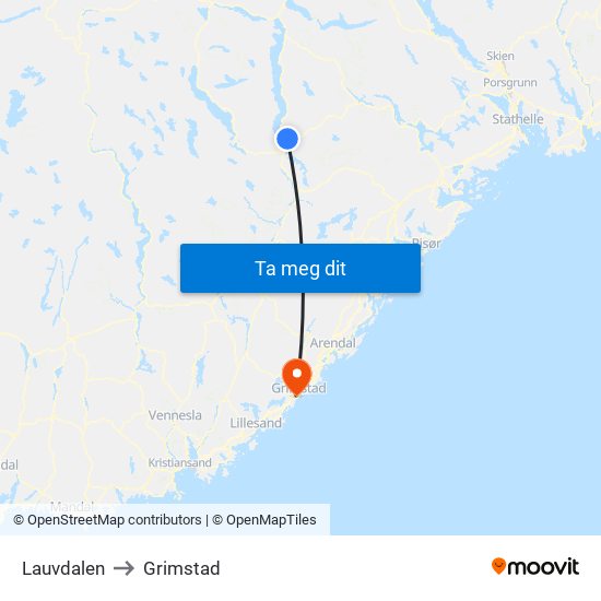 Lauvdalen to Grimstad map