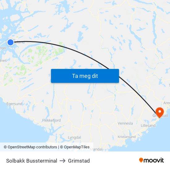 Solbakk Bussterminal to Grimstad map