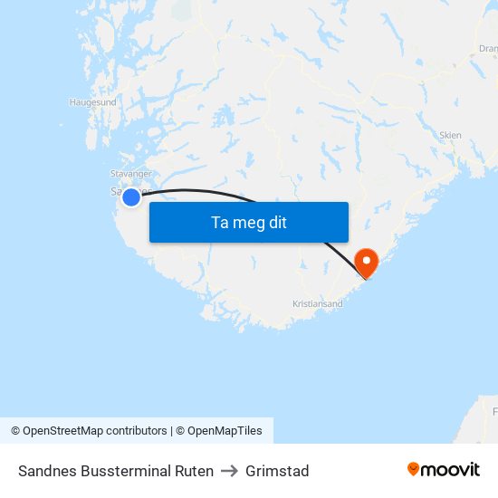 Sandnes Bussterminal Ruten to Grimstad map