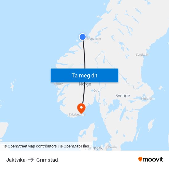 Jaktvika to Grimstad map