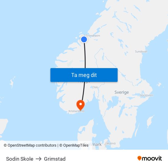 Sodin Skole to Grimstad map
