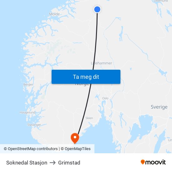 Soknedal Stasjon to Grimstad map