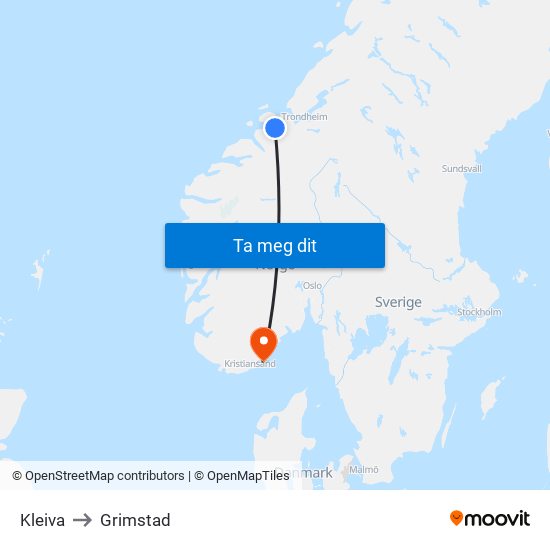 Kleiva to Grimstad map