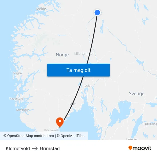 Klemetvold to Grimstad map