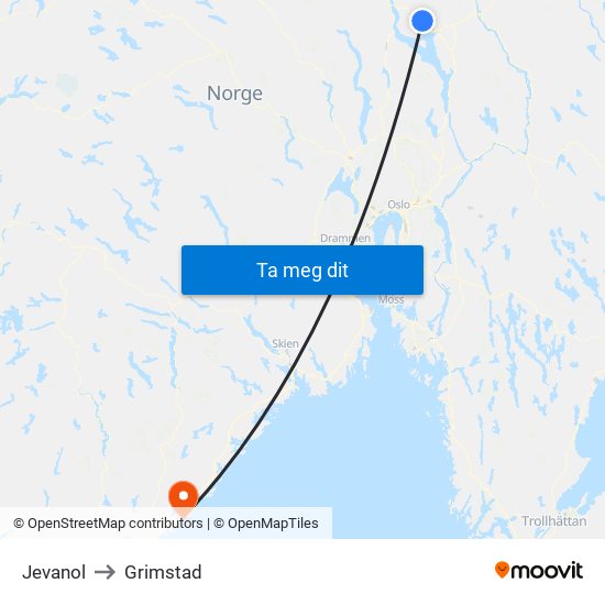 Jevanol to Grimstad map