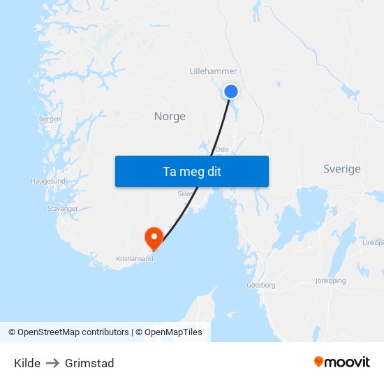 Kilde to Grimstad map