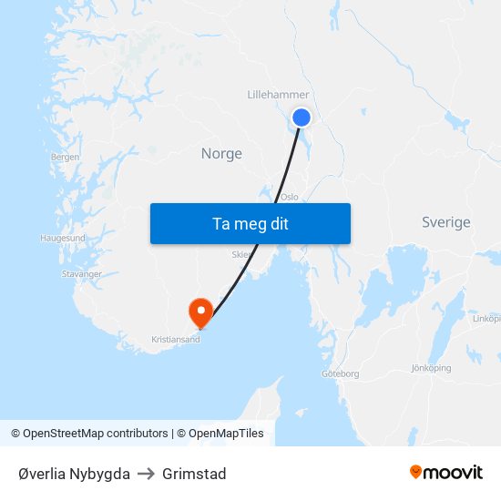 Øverlia Nybygda to Grimstad map