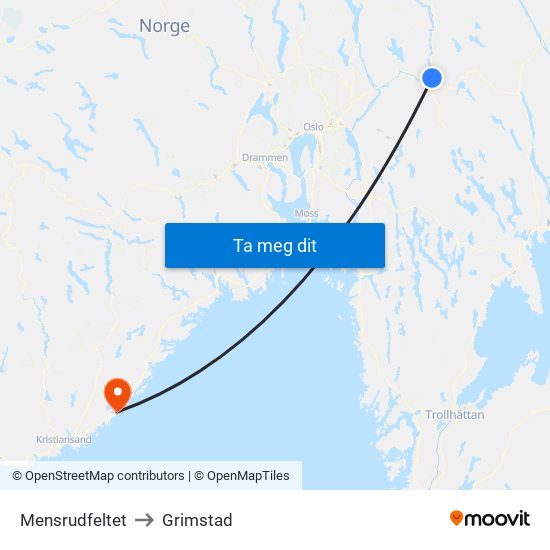 Mensrudfeltet to Grimstad map