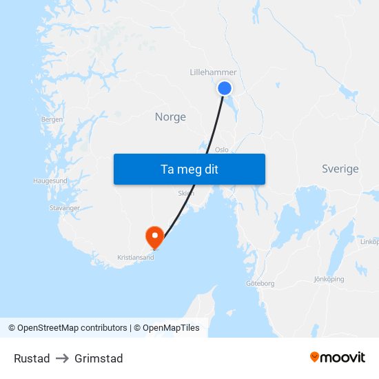 Rustad to Grimstad map