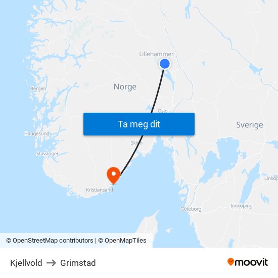 Kjellvold to Grimstad map