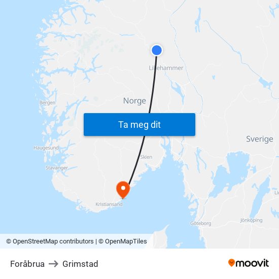 Foråbrua to Grimstad map